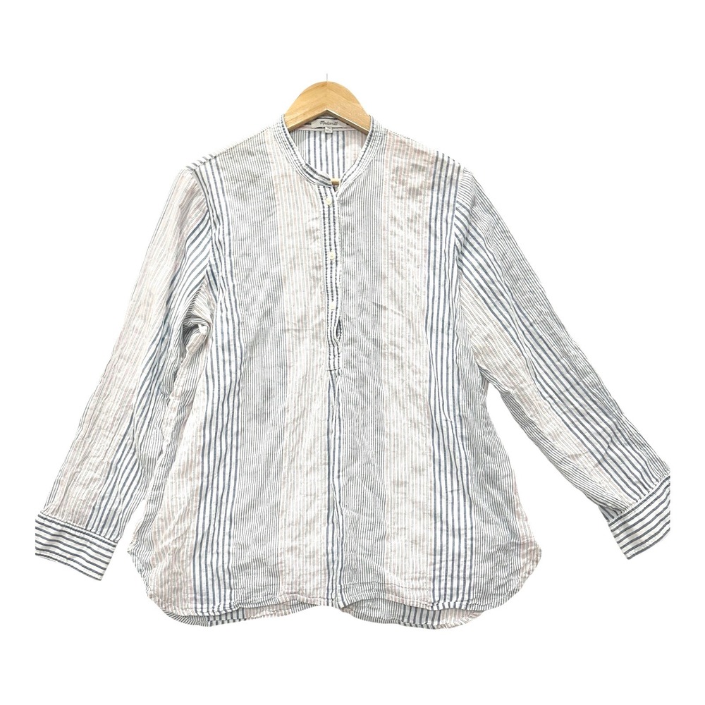 Madewell Women XL Blue White Striped Band Collar Popover Blouse Long Sleeve Top
